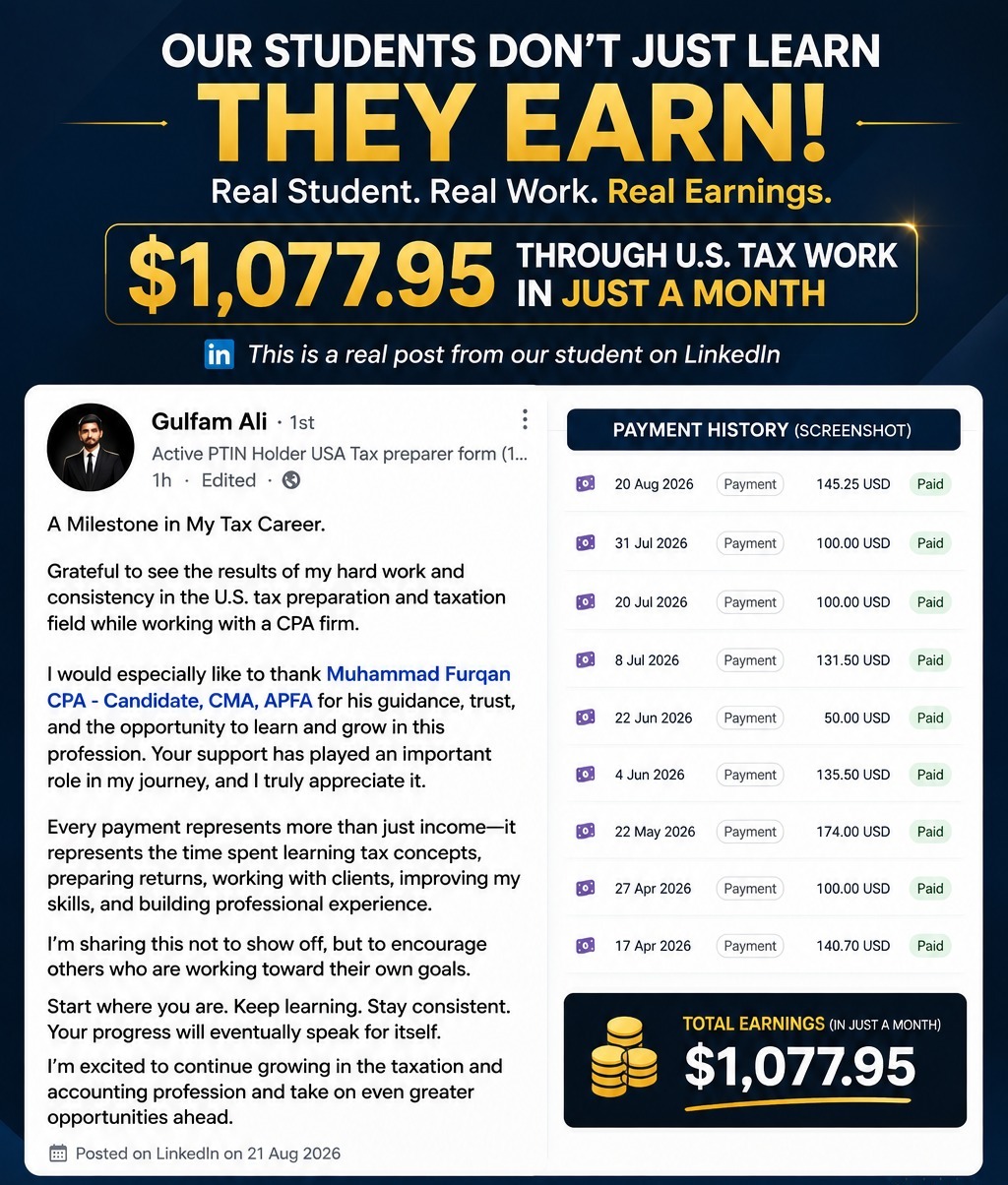 Gulfam Ali IITC Student $1077.95 US Tax Earnings LinkedIn Post