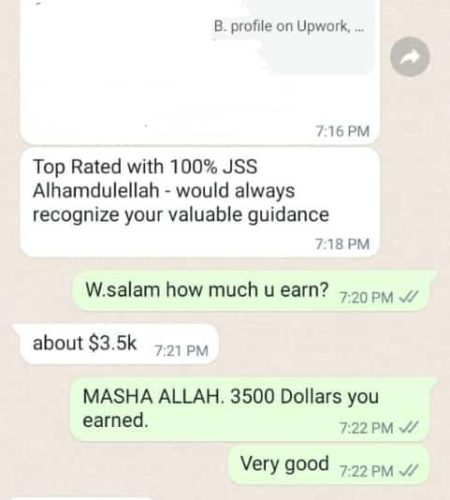 Sir Furqan December Batch Student Earned 3500$ from Upwork and is top rated with 100% JSS. We train to earn dollar instead of pass papers